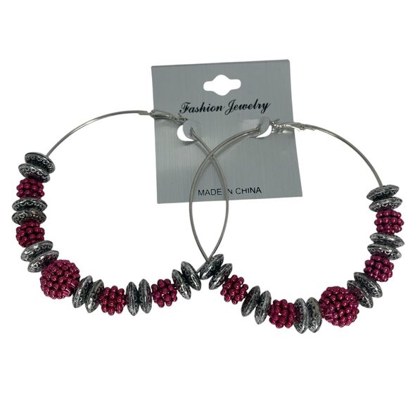 Silver Tone Bead Hoop Earrings Disc Style Boho Fashion Trendy Statement NWT - Picture 6 of 9